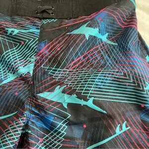 Arizona Boys Neon Shark Print Black and Blue Graphic Swim Trunks XL 18/20